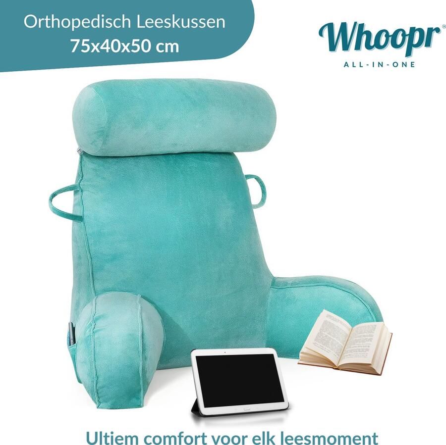 Whoopr Leeskussen met Afneembare Nekrol – Comfortabel Rugkussen met Rugleuning – Onderrug Ondersteuning voor Bed & Bank – 75x40x50 cm – Ideaal om te Lezen Relaxen & TV-kijken Turquoise