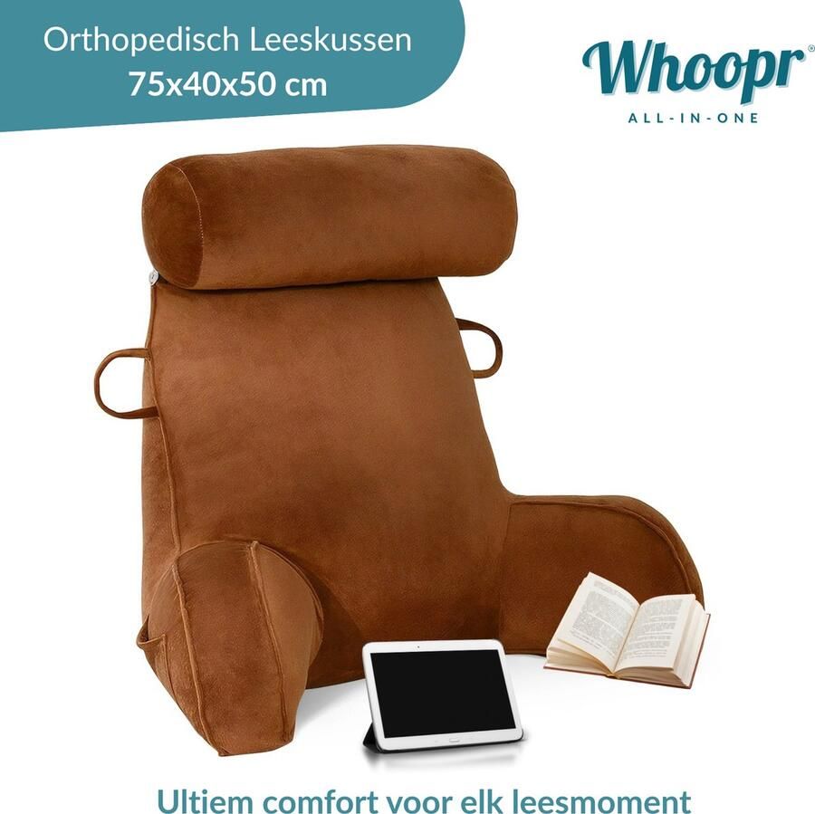 Whoopr Leeskussen met Afneembare Nekrol – Comfortabel Rugkussen met Rugleuning – Onderrug Ondersteuning voor Bed & Bank – 75x40x50 cm – Ideaal om te Lezen Relaxen & TV-kijken Bruin