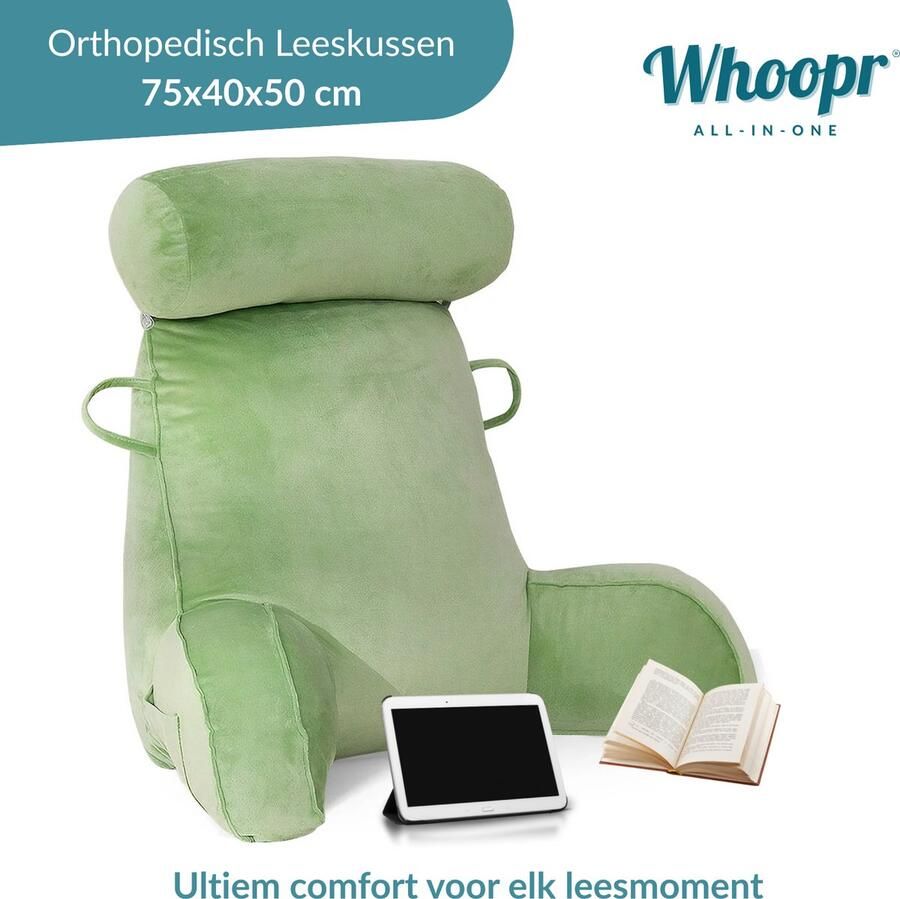 Whoopr Leeskussen met Afneembare Nekrol – Comfortabel Rugkussen met Rugleuning – Onderrug Ondersteuning voor Bed & Bank – 75x40x50 cm – Ideaal om te Lezen Relaxen & TV-kijken Groen