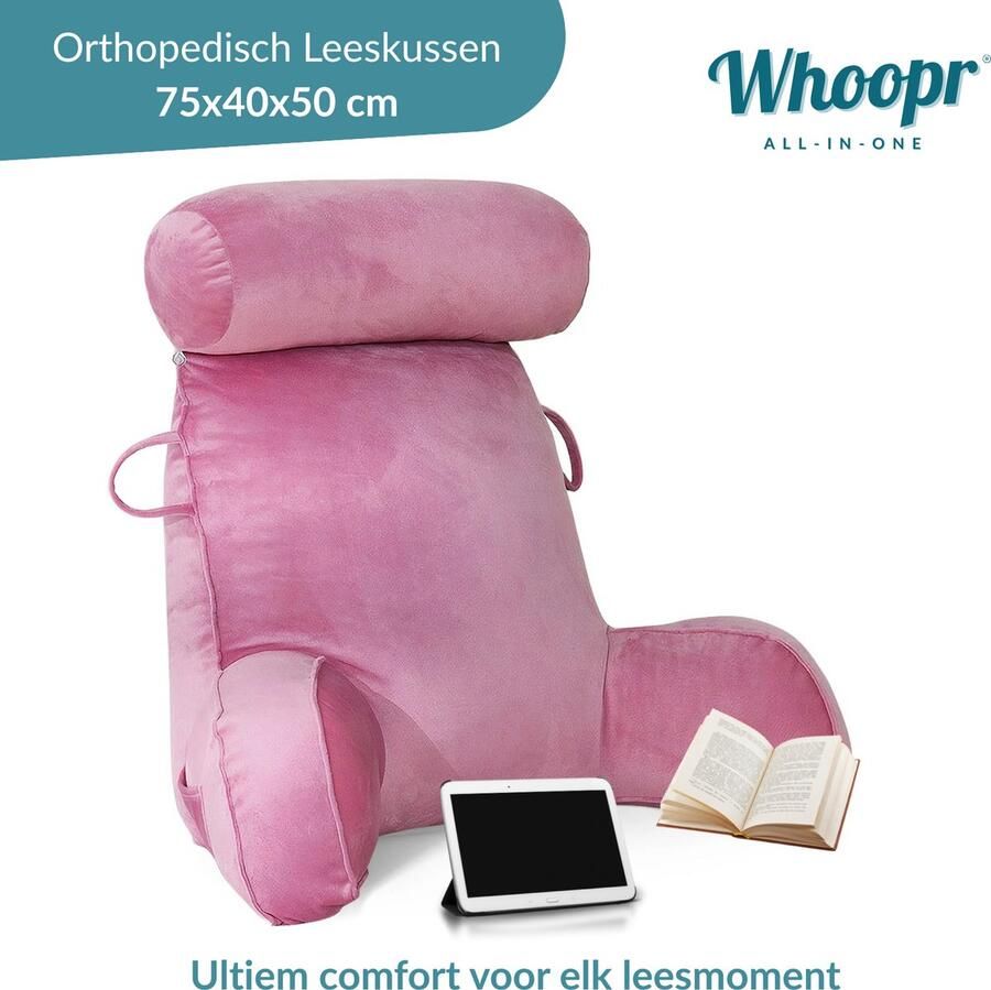 Whoopr Leeskussen met Afneembare Nekrol – Comfortabel Rugkussen met Rugleuning – Onderrug Ondersteuning voor Bed & Bank – 75x40x50 cm – Ideaal om te Lezen Relaxen & TV-kijken Roze