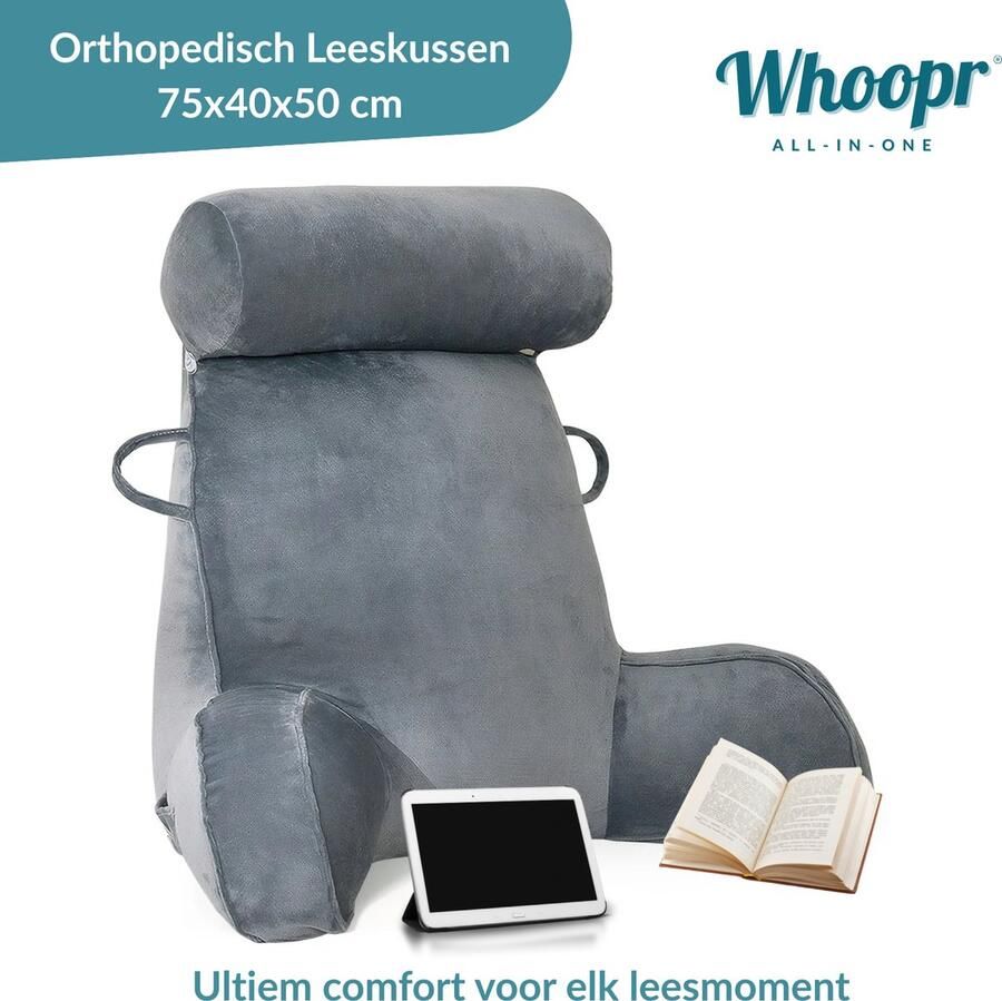 Whoopr Leeskussen met Afneembare Nekrol – Comfortabel Rugkussen met Rugleuning – Onderrug Ondersteuning voor Bed & Bank – 75x40x50 cm – Ideaal om te Lezen Relaxen & TV-kijken Grijs