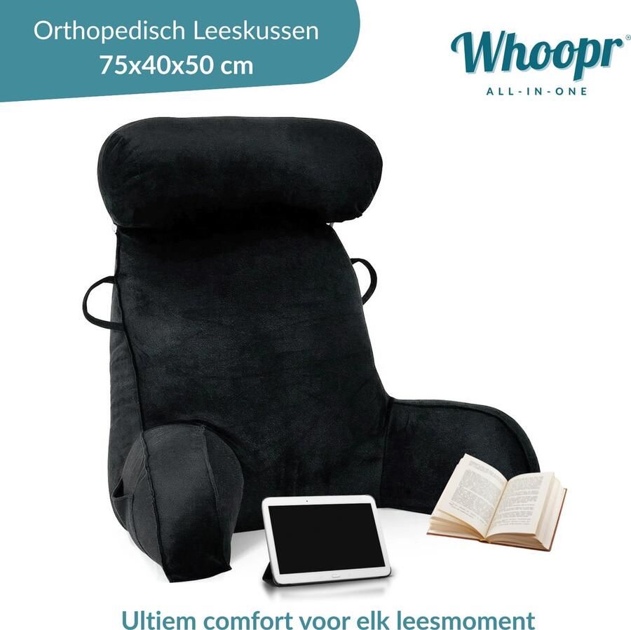 Whoopr Leeskussen met Afneembare Nekrol – Comfortabel Rugkussen met Rugleuning – Onderrug Ondersteuning voor Bed & Bank – 75x40x50 cm – Ideaal om te Lezen Relaxen & TV-kijken Zwart
