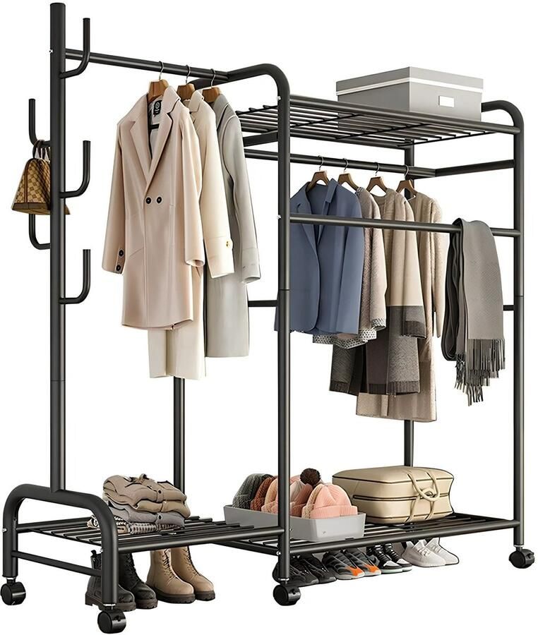 Whoopr Meerlaags Kledingrek met Opbergruimte – Vrijstaand Kledingrek & Organizer – Met Kledingstang en Kapstok – Voor Slaapkamer & Kleedkamer – Gardaroberek op Wieltjes 37x150x165 cm