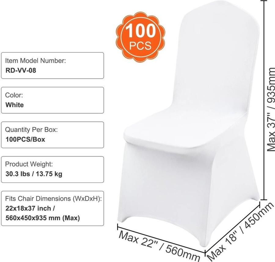 Whoopr Set van 100 Spandex Stretch Stoelhoezen Stoelhoes Bruiloft Witte Trouwstoelhoezen voor Restaurant Banket Hotel en Feestlocaties