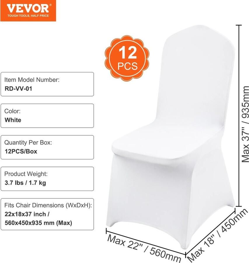 Whoopr Set van 12 Spandex Stretch Stoelhoezen Stoelhoes Bruiloft Witte Trouwstoelhoezen voor Restaurant Banket Hotel en Feestlocaties