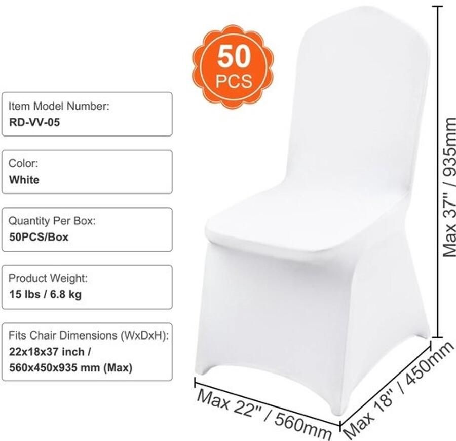 Whoopr Set van 50 Spandex Stretch Stoelhoezen Stoelhoes Bruiloft Witte Trouwstoelhoezen voor Restaurant Banket Hotel en Feestlocaties