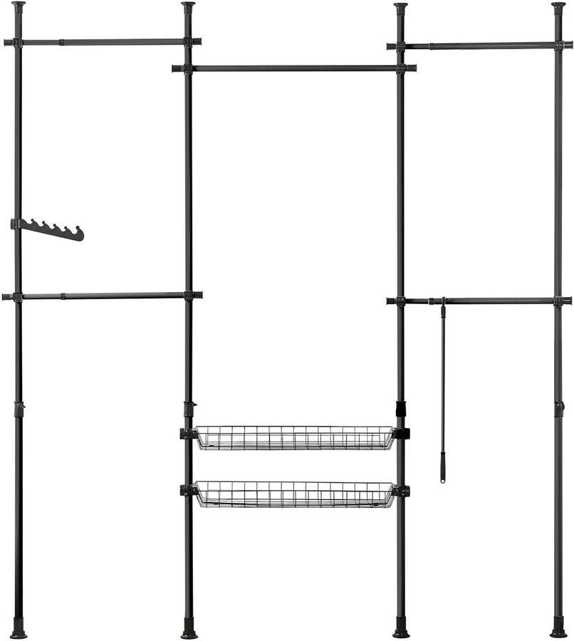 Whoopr Verstelbaar Kledingrek – Telescopisch Garderoberek met 5 Kledingstangen & 2 Opbergmanden – Rek van Staal en Kunststof Flexibel Rekkensysteem met Groot Draagvermogen Zwart