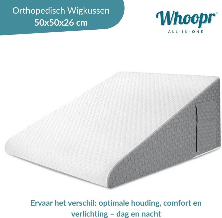 Whoopr Wigkussen 50x50x26 cm – Orthopedisch Steunkussen Verhoogd Driehoekskussen met Luchtlaagschuim – Reflux Kussen Rugsteun bij Slapen & Herstel na Operatie – Leeskussen Comfortabel Slaapkussen voor Bed Bank of Kantoor