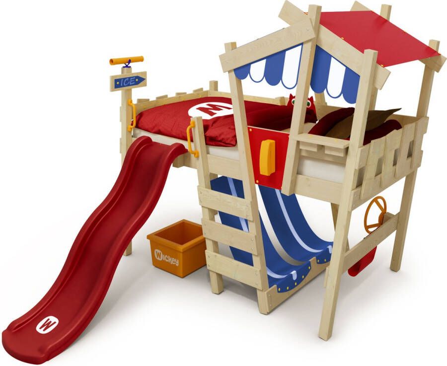 Wickey Kinderbed hoogslaper Crazy Hutty met rode glijbaan Houten bed 90 x 200 cm