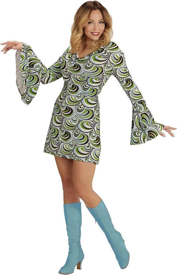 Widmann Hippie Kostuum Groovy Gavin 70s Damesjurk Golven Vrouw Groen XS Carnavalskleding Verkleedkleding