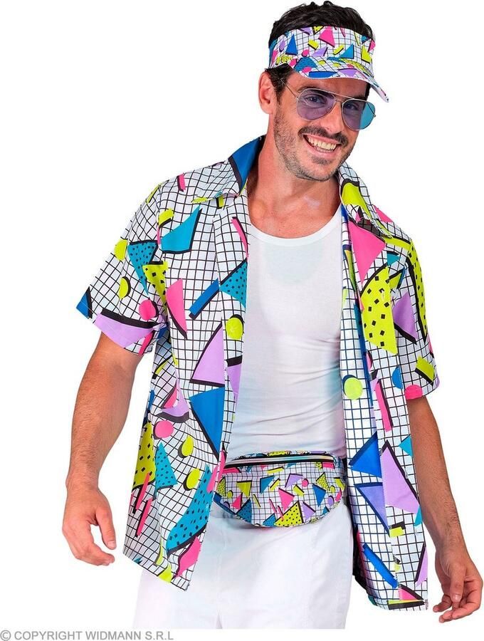 Widmann Jaren 80 & 90 Kostuum 80s Shirt Funky Fashion Wit Beige Multicolor Large XL Carnavalskleding Verkleedkleding