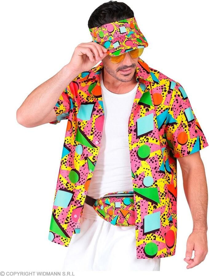 Widmann Jaren 80 & 90 Kostuum 80s Shirt Funky Festival Multicolour Multicolor Large XL Carnavalskleding Verkleedkleding
