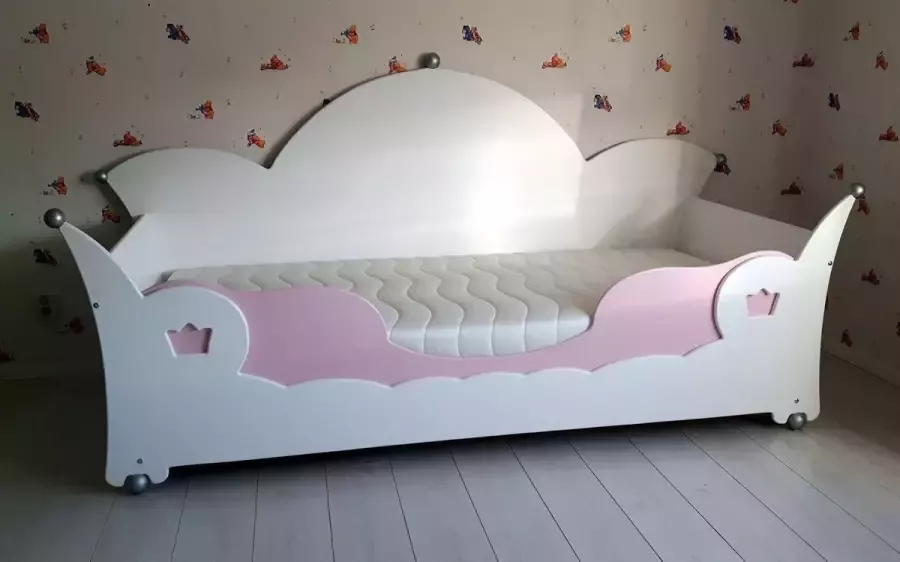 Wildkidzz.com Kinderbed bank ANGELA kroonbed 90x200 WIT-ROZE met matras