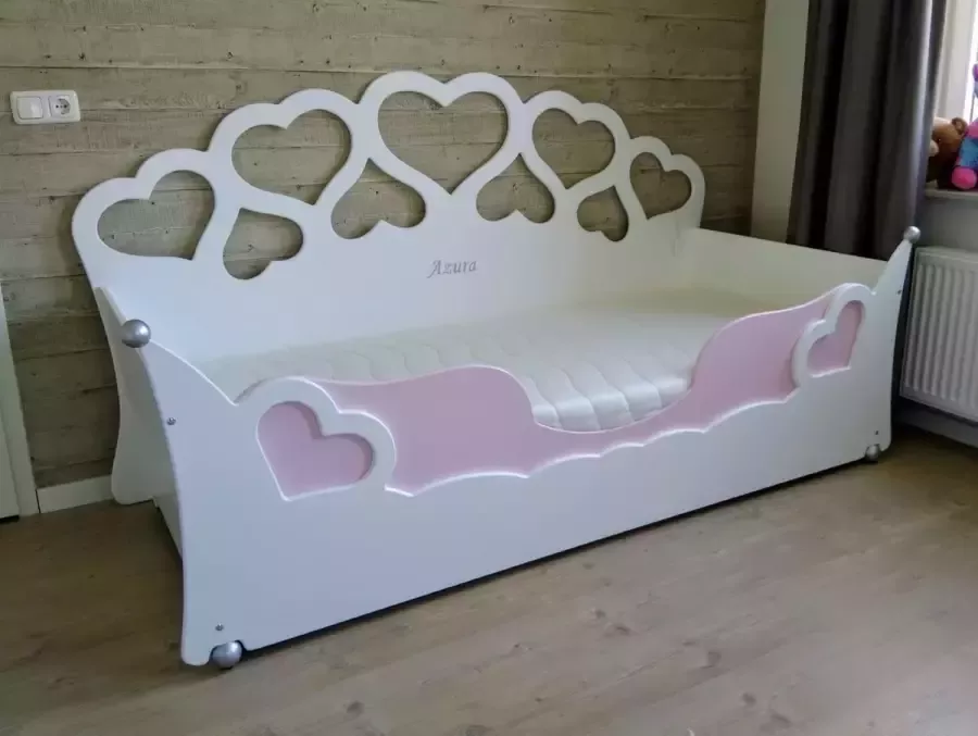 Wildkidzz.com Kinderbed bank ZOE hartjesbed 90x200 WIT-ROZE met matras