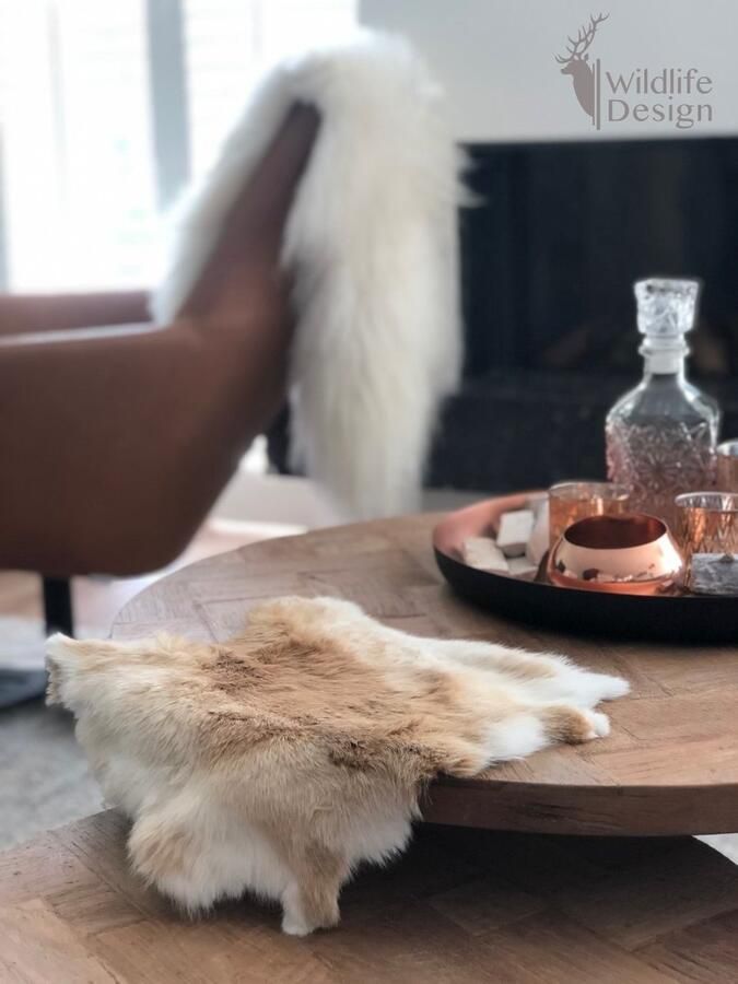 Wildlife Design SET VAN 5 beige konijnenvachtjes 5 vachtjes konijnenvel cognac velletje tafel dierenvel dierenhuid salontafel decoratie dierenvel deco - Foto 2