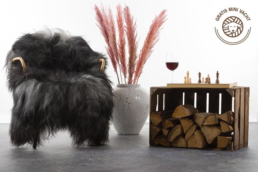 Wildlife Design Zwart grijze schapenvacht Langharige schaapsvacht IJslandse grijs zwart schapenvel zwarte vacht stoel decoratie bank