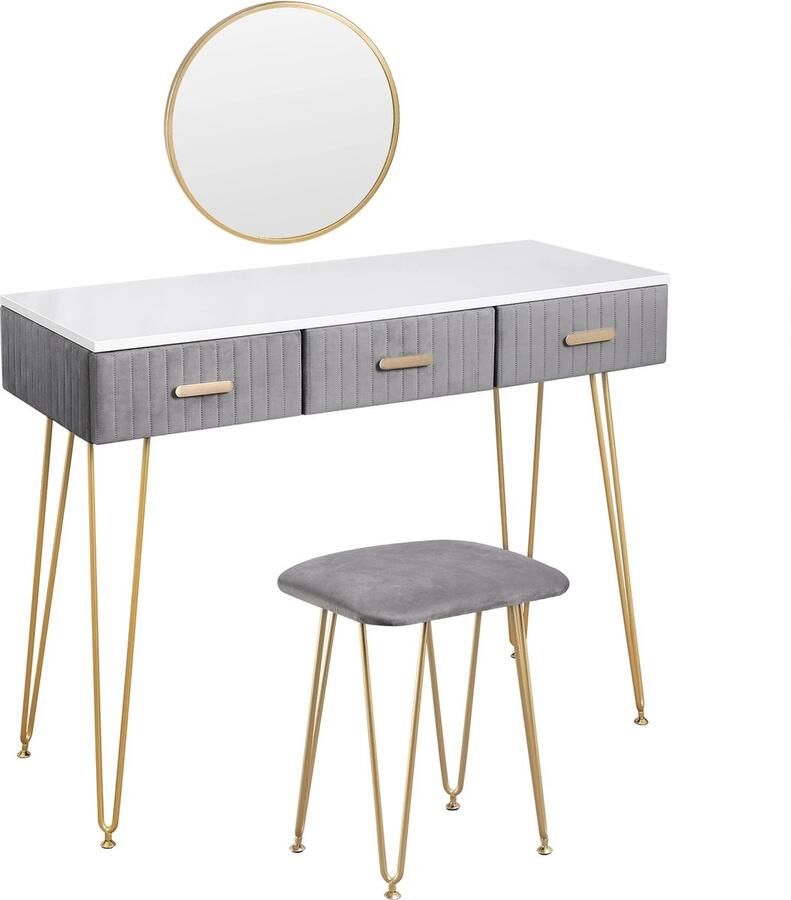 Gran Vida Moderne Kaptafel Set Grijs met Elegante Afwerkingen Make-up Tafel Inclusief Spiegel en Kruk