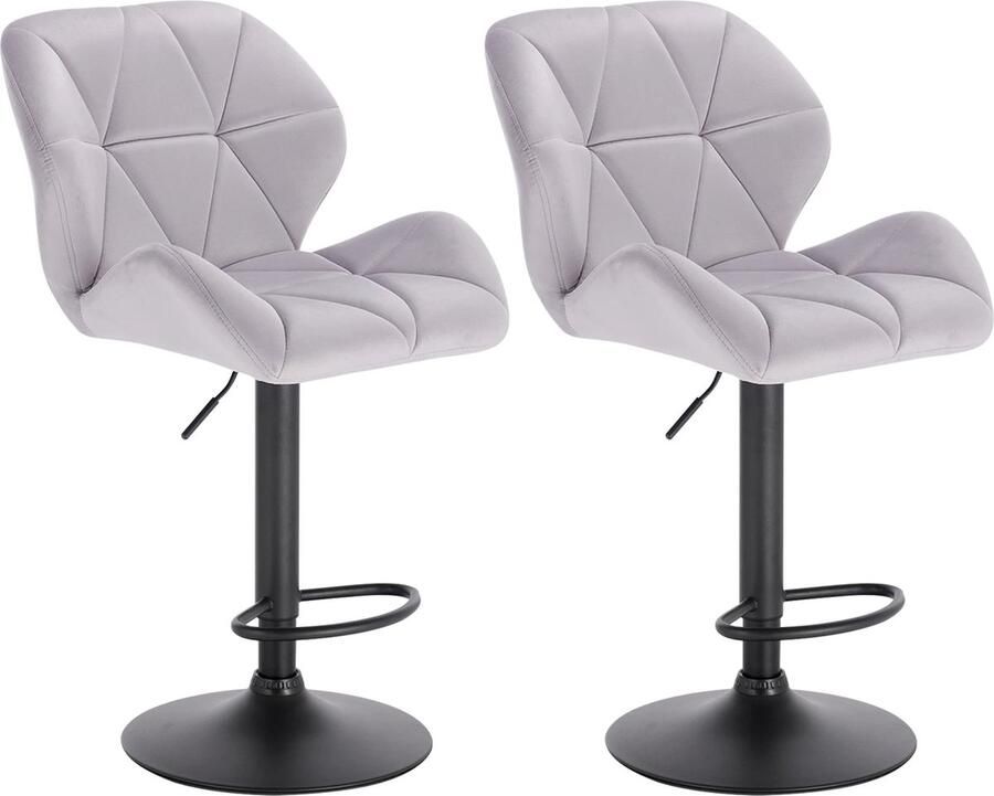 Wildor Set van 2 barkrukken Licht grijze fluwelen barkrukken Gas lift Barstoel Kruk Stoelen Barstoelen met rugleuning Zwart Metaal onderstel Keukenstoel Barkruk zithoogte 60-82cm
