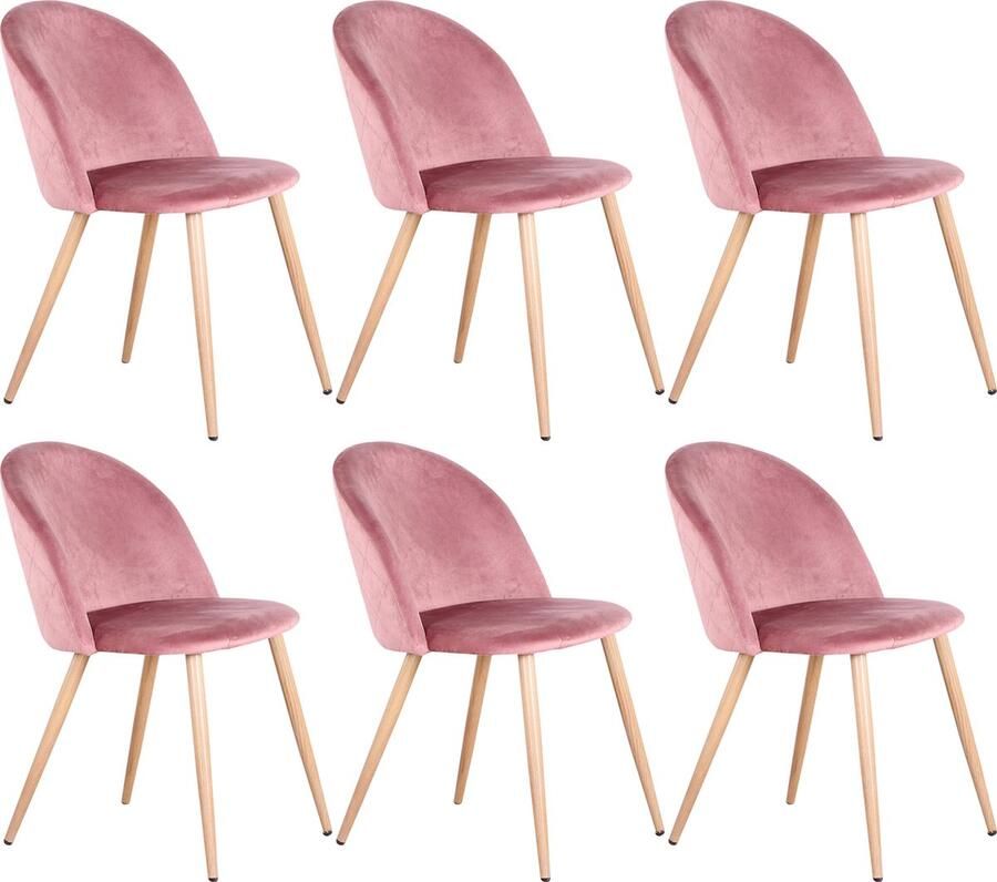 Wildor Set van 6 stoelen met fluwelen bekleding Metalen stoelpoten Luxe eetkamerstoelen Woonkamerstoelen Roze fluweel Zithoogte 43cm