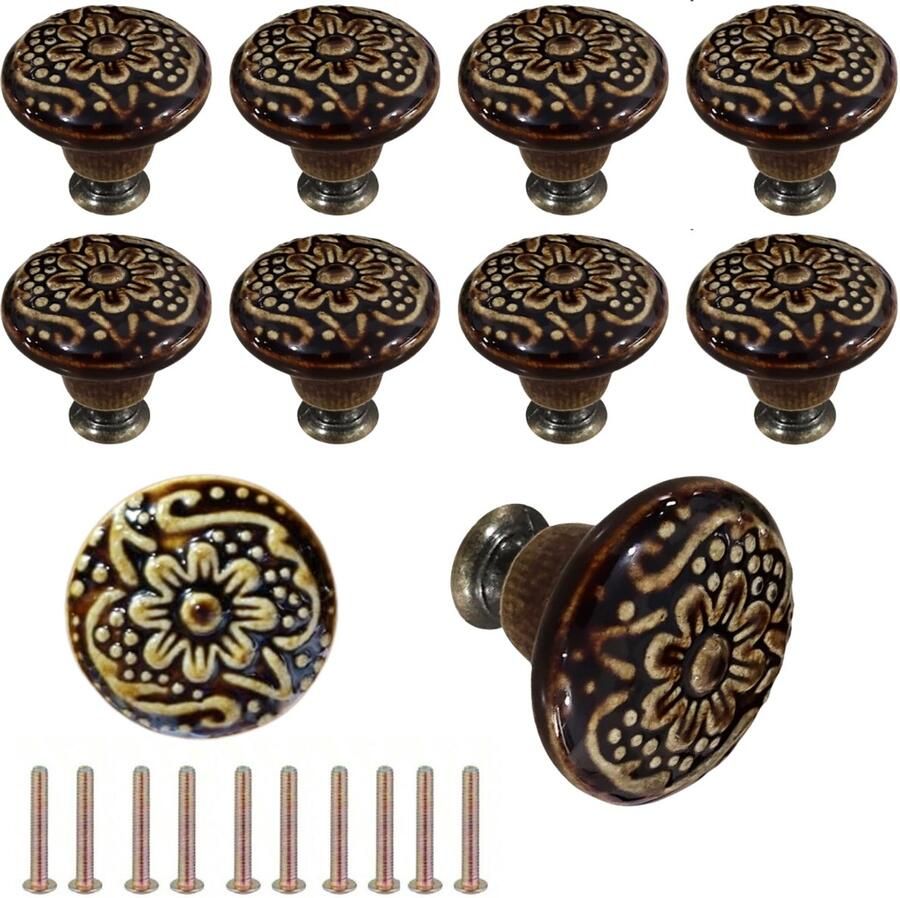 Winkrs 10x Kastknop met Bruine Bloem Meubelknoppen Keramiek Rond Vintage Antieke handgreep voor deur en lade