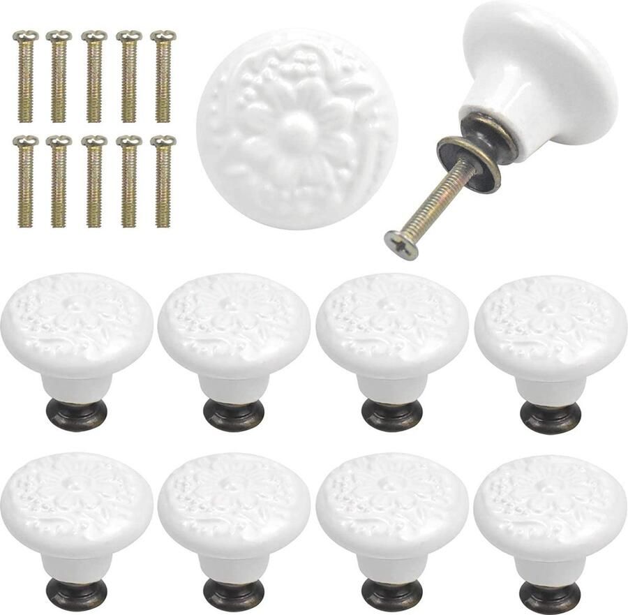 Winkrs 10x Kastknop met Witte Bloem Meubelknoppen Keramiek Rond Vintage Antiek handgreep voor deur en lade