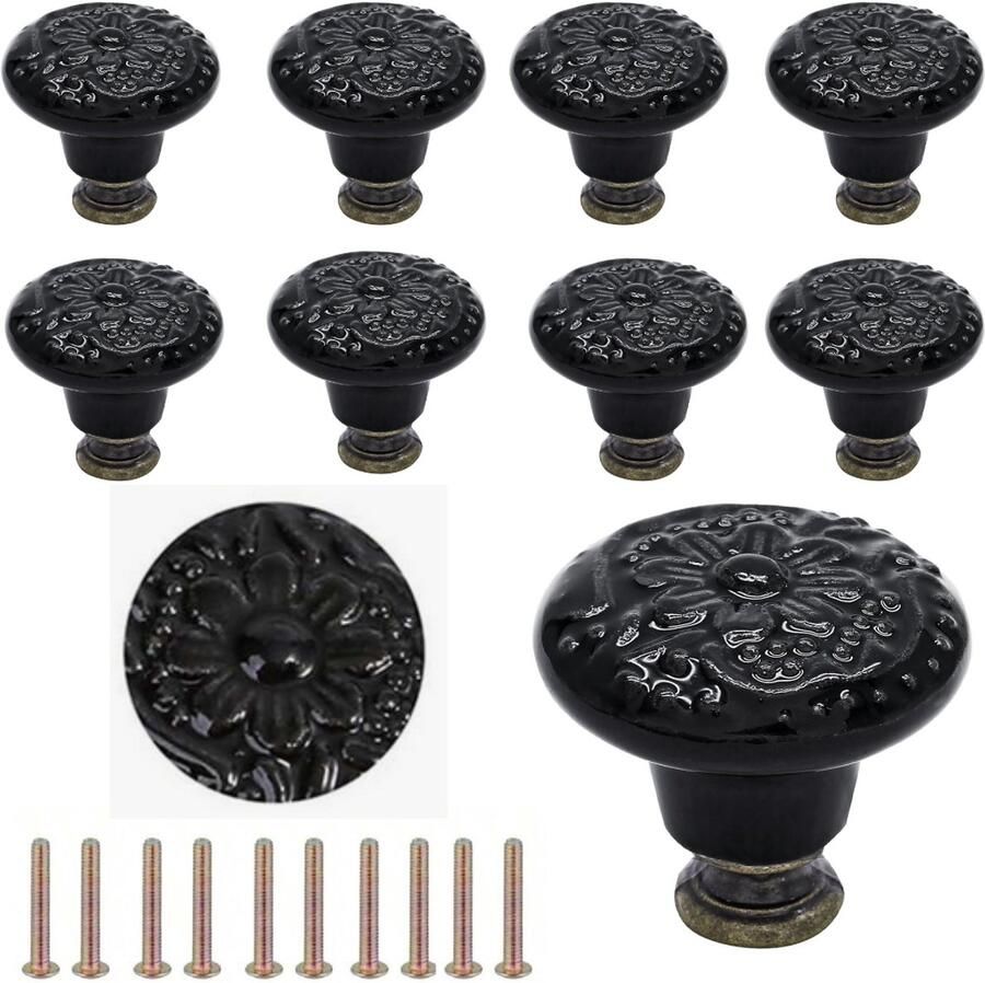 Winkrs 10x Kastknop met Zwarte Bloem Meubelknoppen Keramiek Rond Vintage Antiek handgreep voor deur en lade