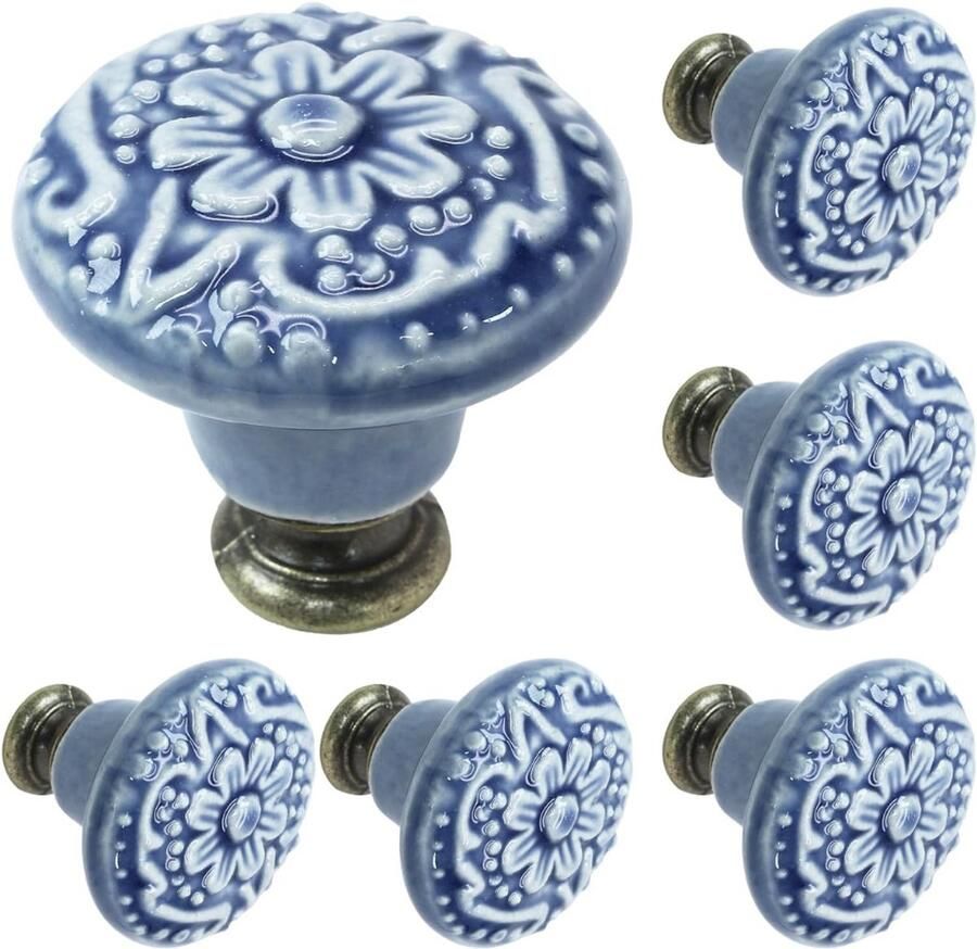 Winkrs Furniture Knobs Set Grijsblauw Keramiek Rond met Bloem 6x Kastknop met schroef Vintage Antiek handgreep voor deur en lade grijs blauw