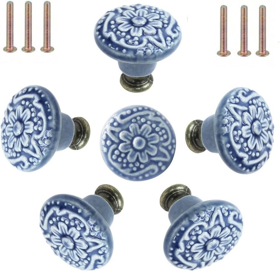 Winkrs Furniture Knobs Set Grijsblauw Keramiek Rond met Bloem 6x Kastknop met schroef Vintage Antiek handgreep voor deur en lade grijs blauw - Foto 2