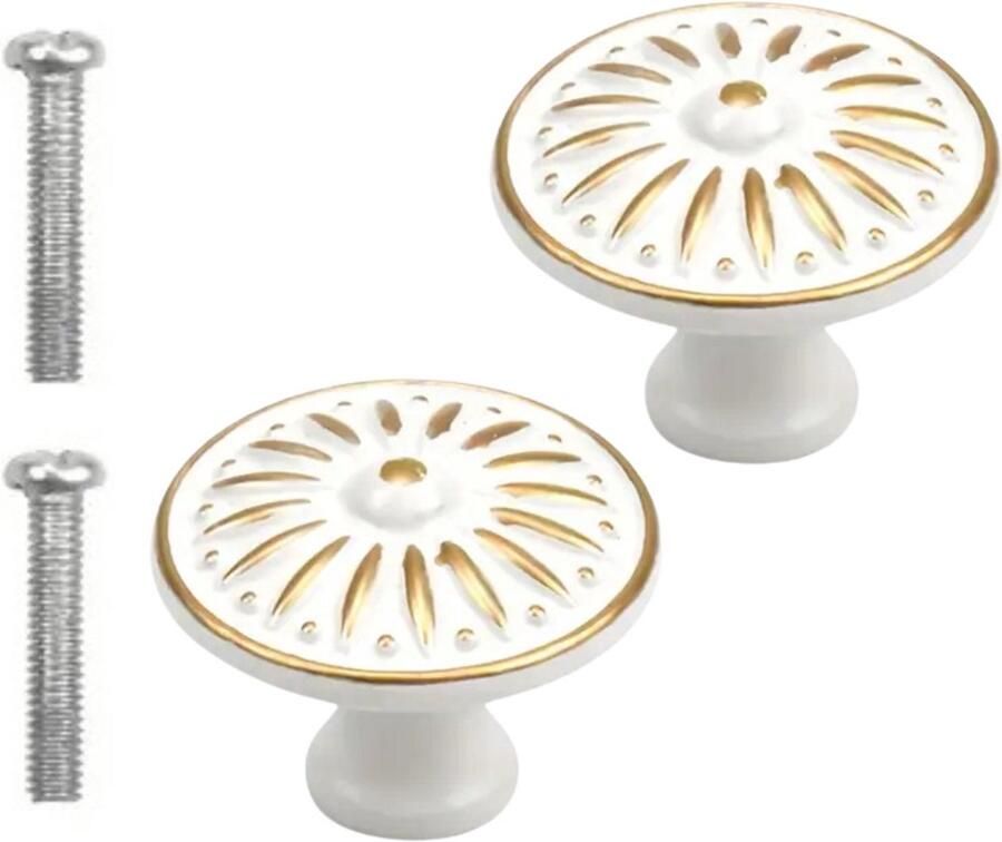 Winkrs Furniture Knobs White with Gold 35MM Set of 2 Vintage Knobs Round Cabinet Knobs Handles