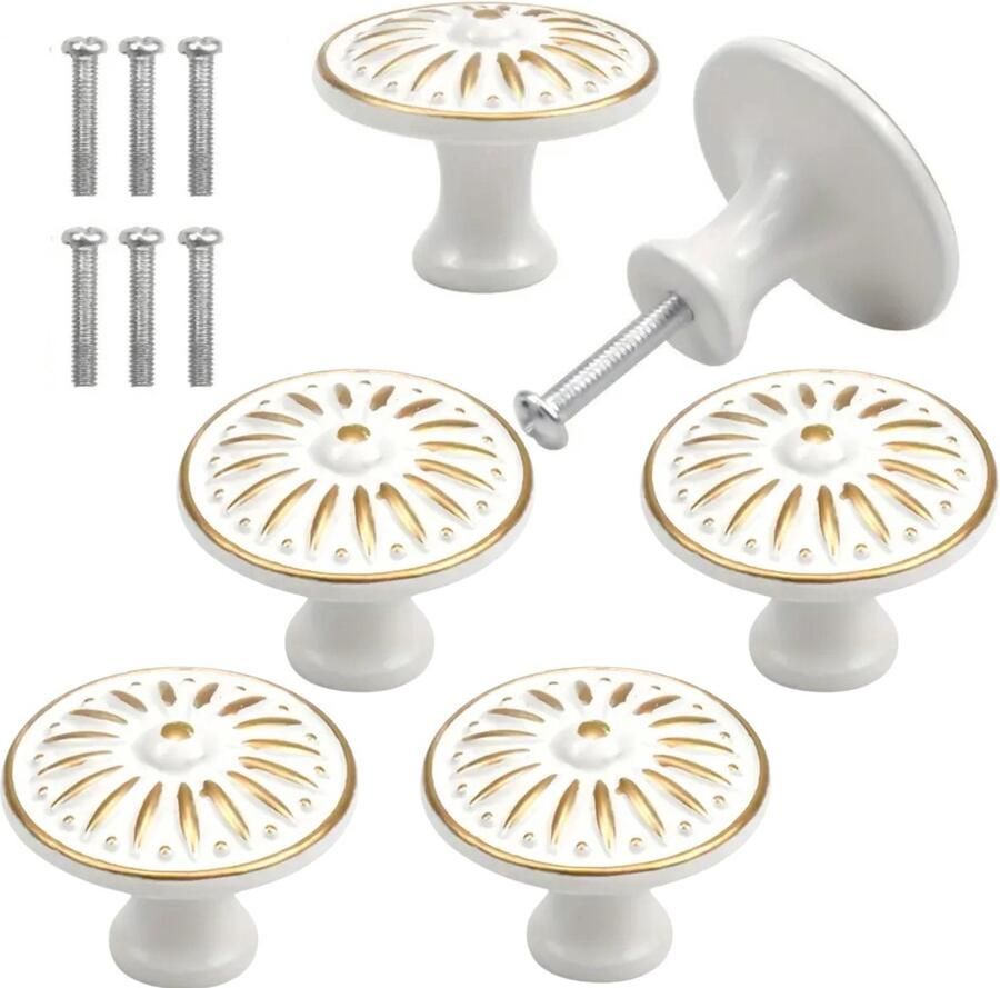 Winkrs Furniture Knobs Wit met Goud 35MM Set van 6 vintage knoppen Ronde Kastknoppen Kastdeurtjes grepen