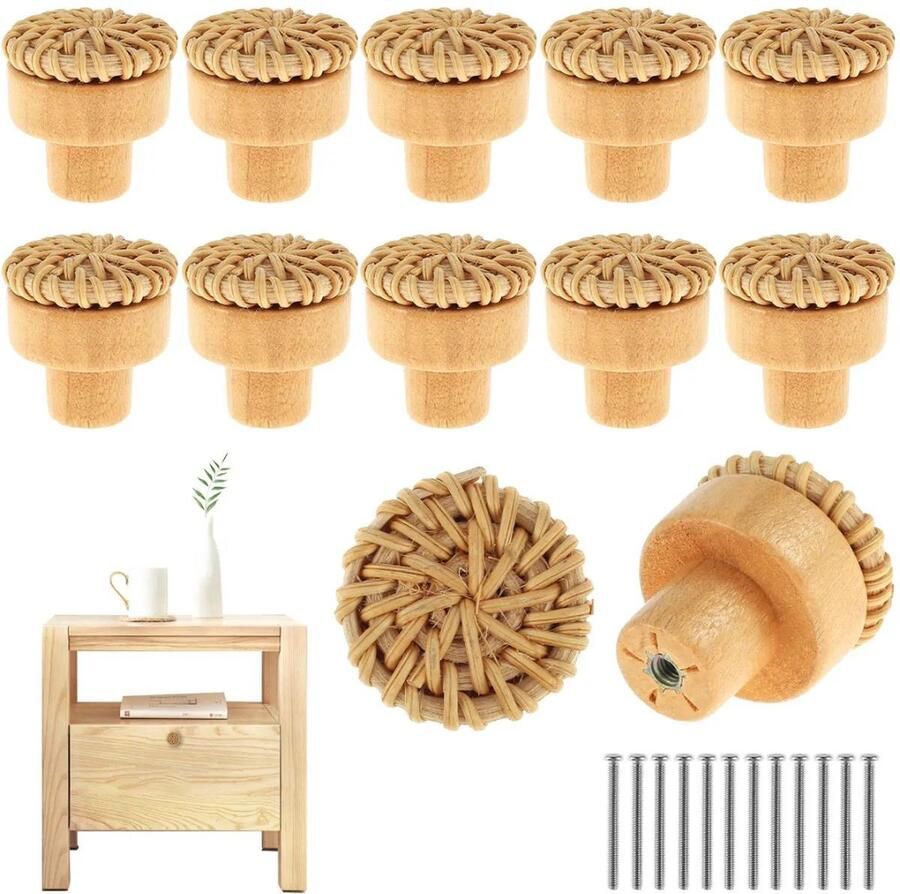 Winkrs Kastknoppen Hout & Rotan 12x Meubelknop voor lades & deurtjes 30MM Knop Meubelbeslag Handgreep Rond BOHO