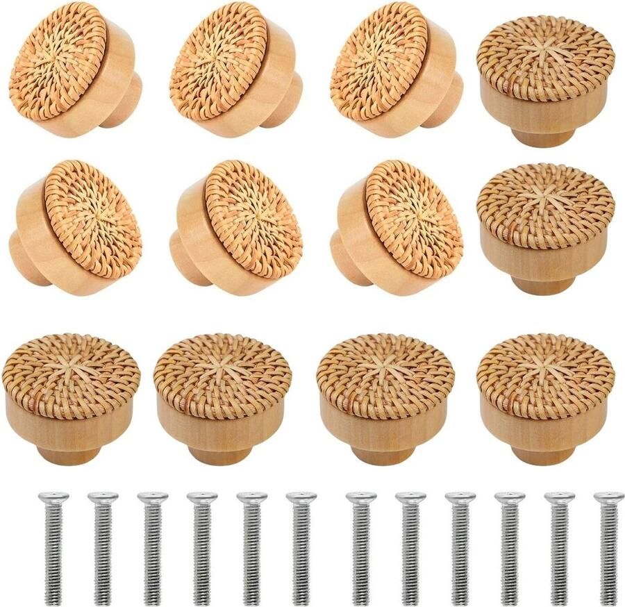 Winkrs Kastknoppen Hout & Rotan 12x Meubelknop voor lades & deurtjes 45MM Knop Meubelbeslag Handgreep Rond BOHO