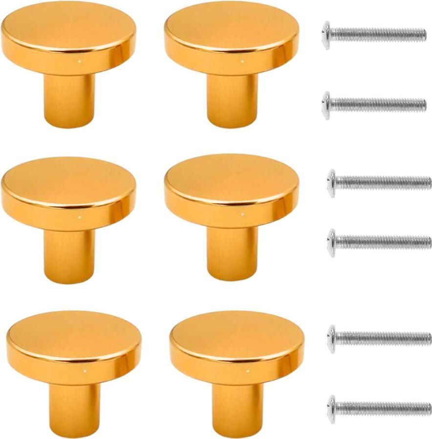 Winkrs Meubelknoppen Set 6x Messing Knop Goud Ronde Kastknoppen Deurknoppen voor kasten