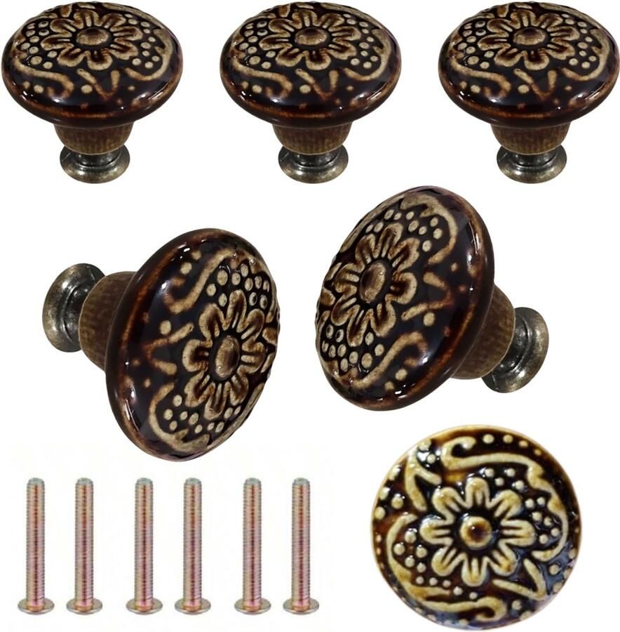 Winkrs Meubelknoppen Set Bruin Keramiek Rond met Bloem 6x Kastknop met schroef Vintage Antiek handgreep voor deur en lade