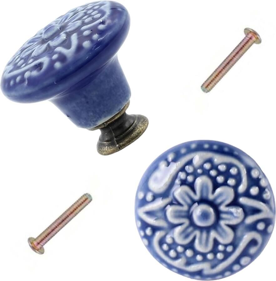 Winkrs Meubelknoppen Set Donkerblauw Keramiek met Bloem 2x Blauwe ronde Kastknop met schroef Vintage Antiek handgreep voor deur en lade