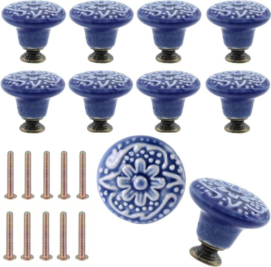 Winkrs Meubelknoppen Set Donkerblauw Keramiek Rond met Bloem 10x Blauwe Kastknop met schroef Vintage Antiek handgreep voor deur en lade