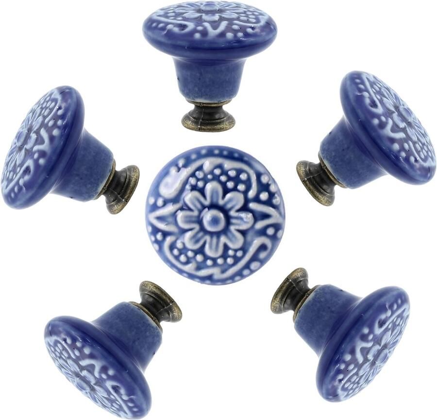 Winkrs Meubelknoppen Set Donkerblauw Keramiek Rond met Bloem 6x Blauwe Kastknop met schroef Vintage Antiek handgreep voor deur en lade