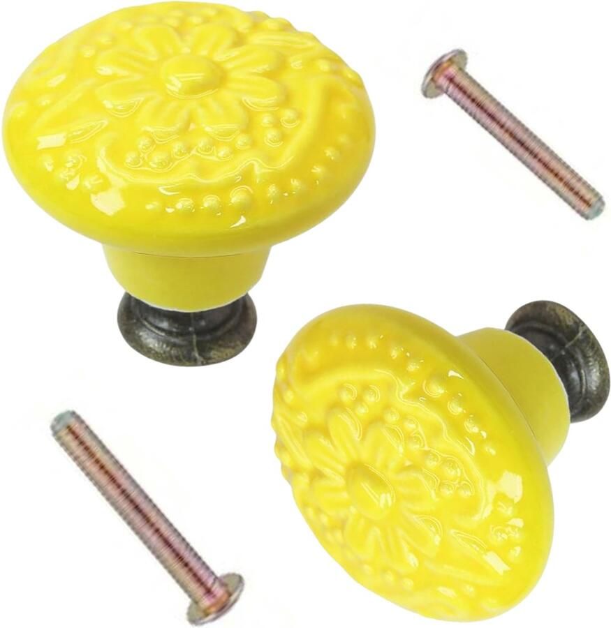 Winkrs Meubelknoppen Set Geel Keramiek met Bloem 2x ronde Kastknop met schroef Vintage Antiek handgreep voor deur en lade