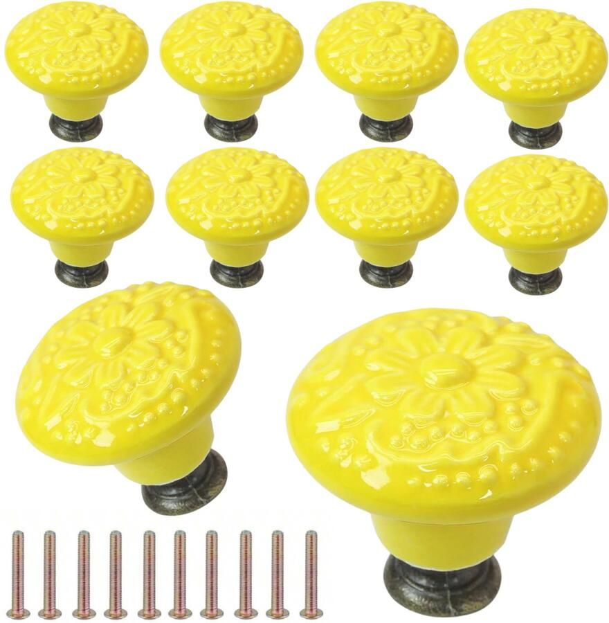 Winkrs Meubelknoppen Set Geel Keramiek Rond met Bloem 10x Kastknop met schroef Vintage Antiek handgreep voor deur en lade