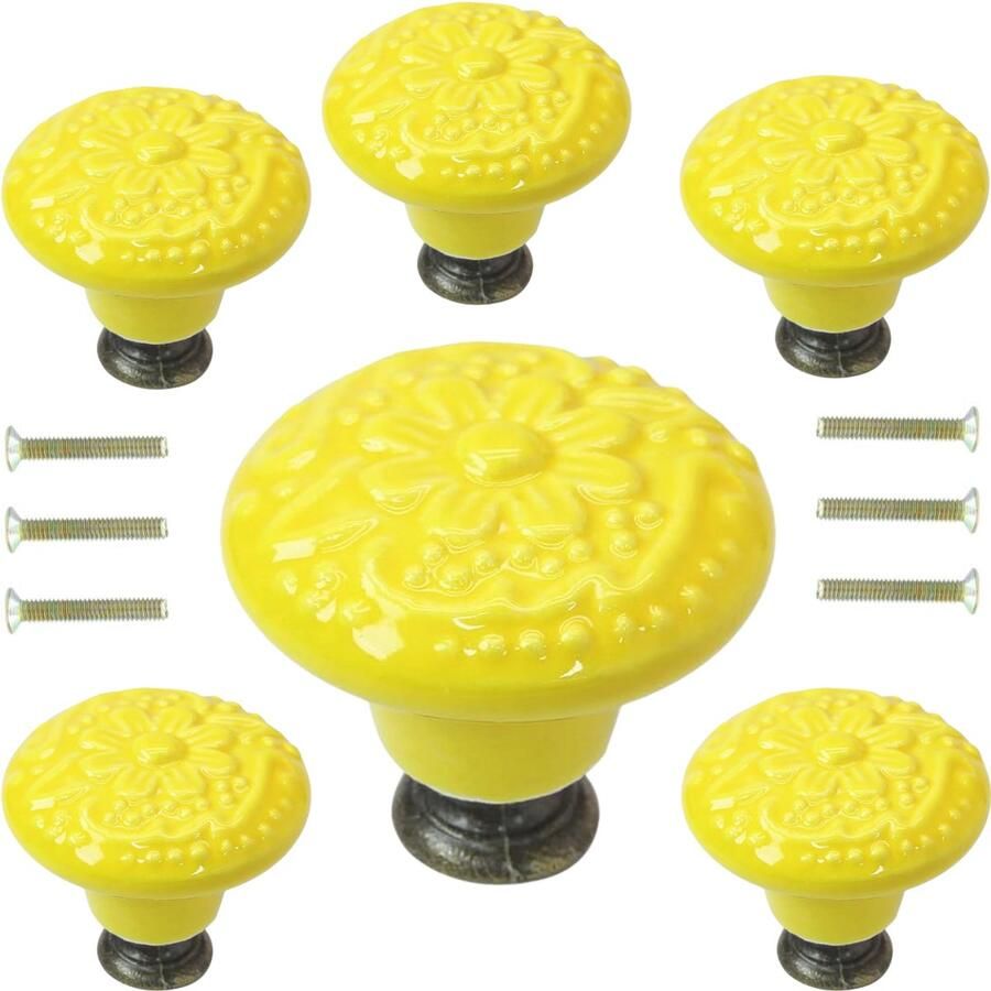 Winkrs Meubelknoppen Set Geel Keramiek Rond met Bloem 6x Kastknop met schroef Vintage Antiek handgreep voor deur en lade