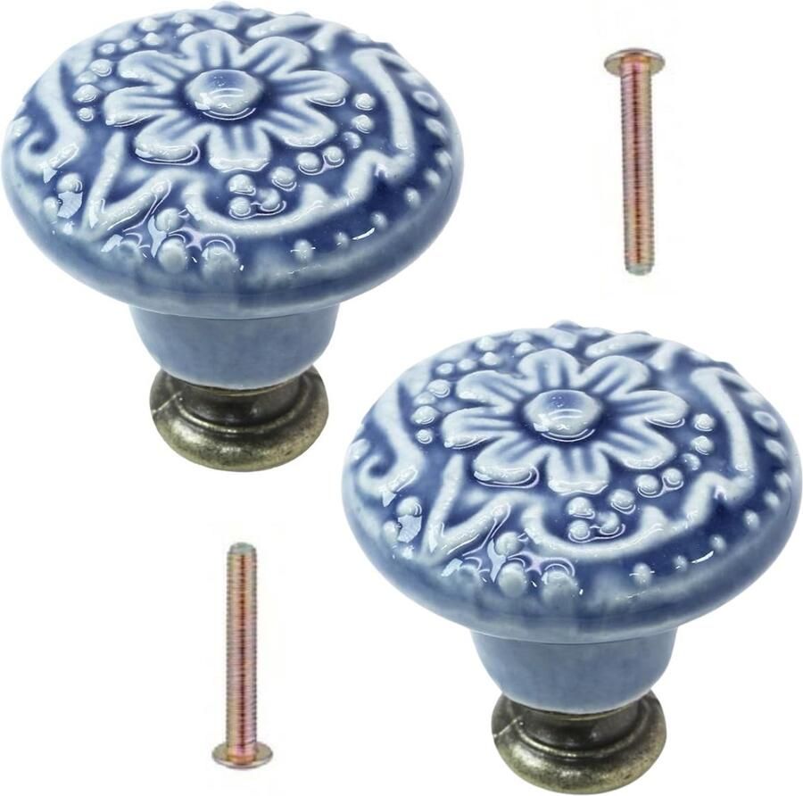 Winkrs Meubelknoppen Set Grijsblauw Keramiek met Bloem 2x ronde Kastknop met schroef Vintage Antiek handgreep voor deur en lade Grijs Blauw