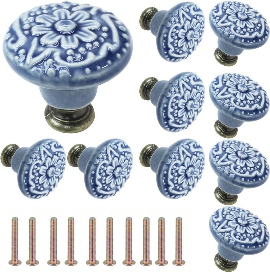 Winkrs Meubelknoppen Set Grijsblauw Keramiek Rond met Bloem 10x Kastknop met schroef Vintage Antiek handgreep voor deur en lade grijs blauw