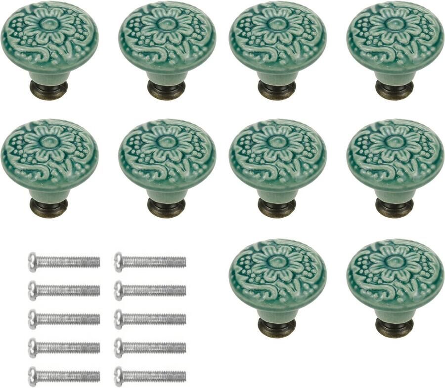 Winkrs Meubelknoppen Set Groen Keramiek Rond met Bloem 10x Kastknop met schroef Vintage Antiek handgreep voor deur en lade