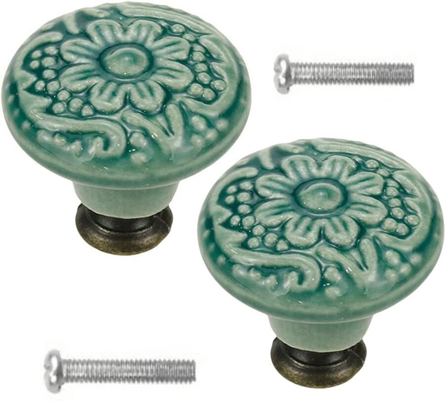 Winkrs Meubelknoppen Set Groen Keramiek Rond met Bloem 2x Kastknop met schroef Vintage Antiek handgreep voor deur en lade