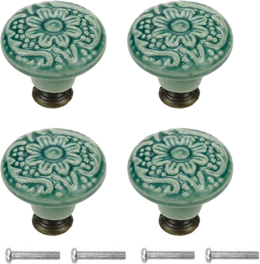 Winkrs Meubelknoppen Set Groen Keramiek Rond met Bloem 4x Kastknop met schroef Vintage Antiek handgreep voor deur en lade