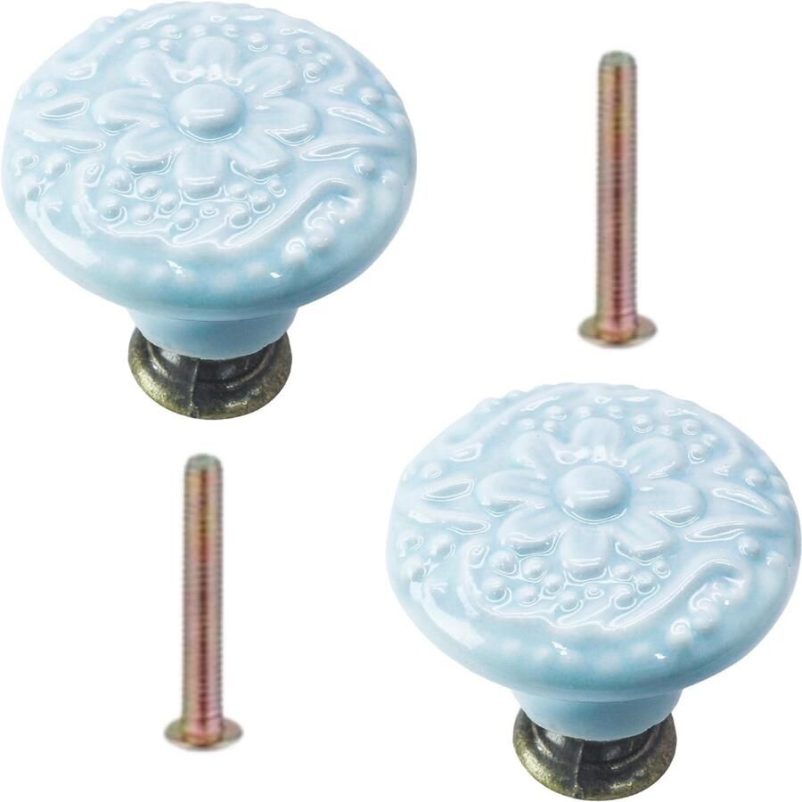 Winkrs Meubelknoppen Set Licht Blauw Keramiek Rond met Bloem 2x Kastknop met schroef Vintage Antiek handgreep voor deur en lade