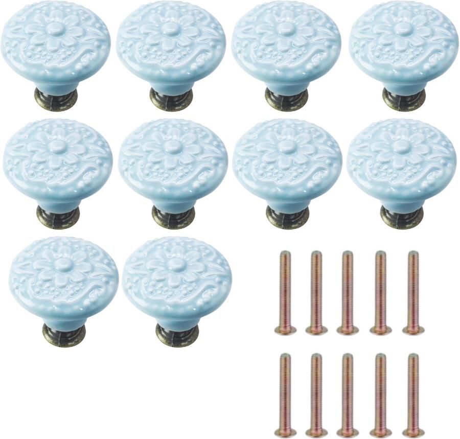 Winkrs Meubelknoppen Set Lichtblauw Keramiek Rond met Bloem 10x Blauwe Kastknop met schroef Vintage Antiek handgreep voor deur en lade