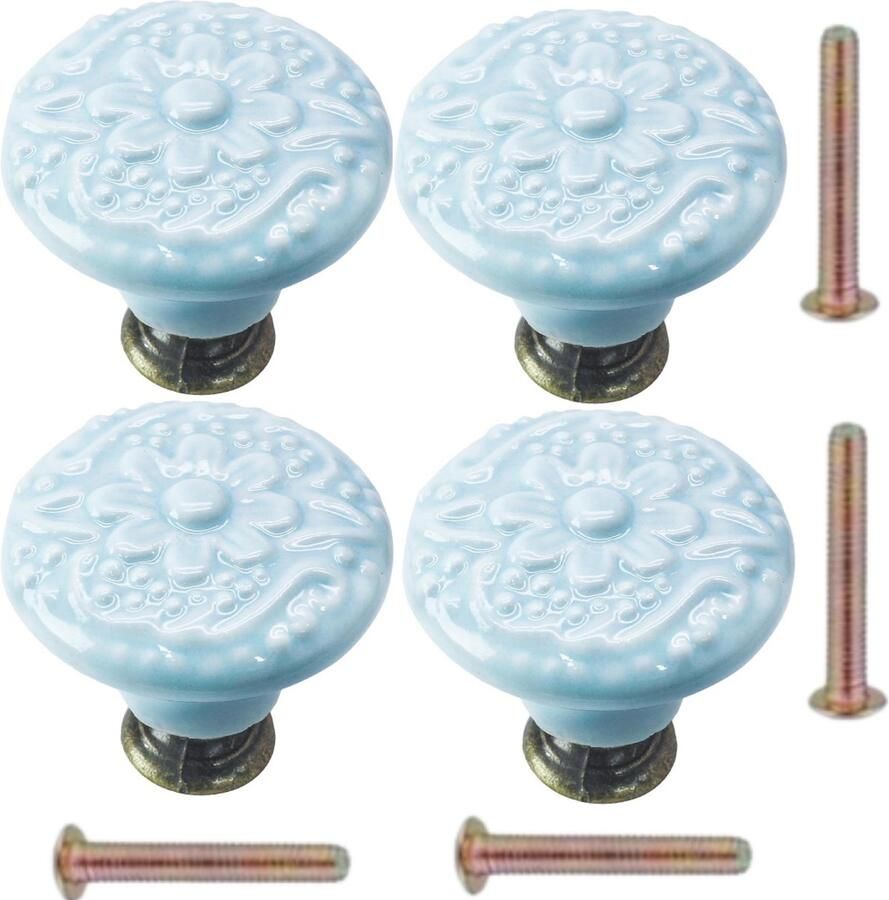 Winkrs Meubelknoppen Set Lichtblauw Keramiek Rond met Bloem 4x Kastknop blauw met schroef Vintage Antiek handgreep voor deur en lade