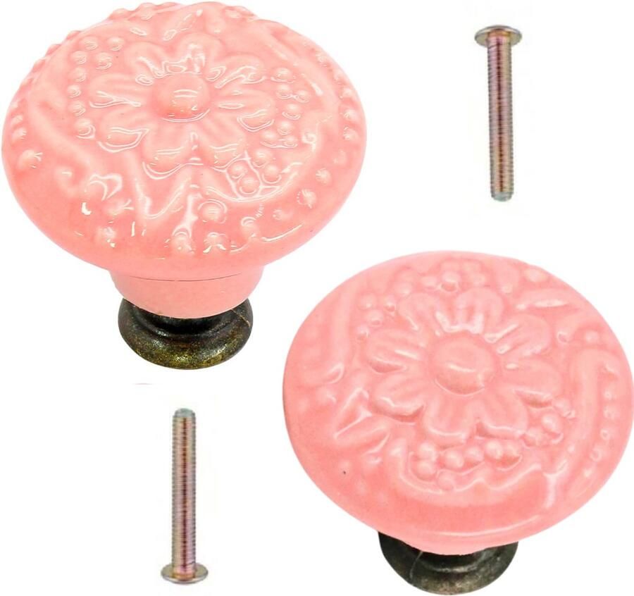 Winkrs Meubelknoppen Set lichtroze Keramiek met Bloem 2x roze ronde Kastknop met schroef Vintage Antiek handgreep voor deur en lade