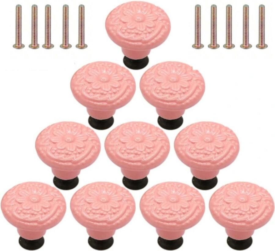 Winkrs Meubelknoppen Set Lichtroze Keramiek Rond met Bloem 10x roze Kastknop met schroef Vintage Antiek handgreep voor deur en lade
